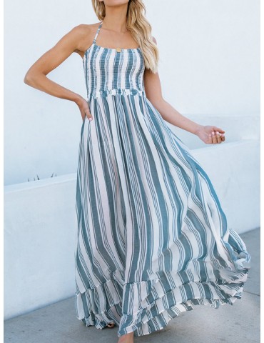 Print Vertical Striped Halter Maxi Holiday Dress