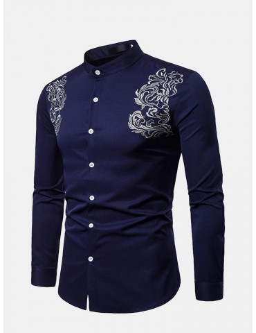 Men's Totem Embroidery Vintage Court Style Business Stand Collar Slim Fit Long Sleeve Shirt