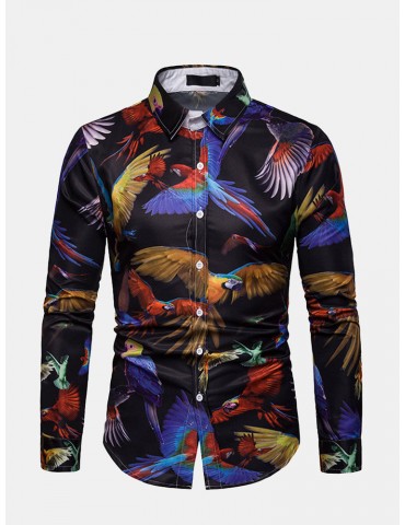 Men's Printing Fitness Cotton Turn Down Collor Botton Long Sleeve Shirt