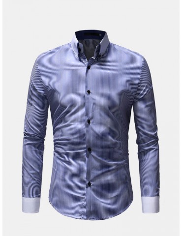 Mens Spring Autumn Turn-Down Collar Solid Long Sleeve Striped Shirt