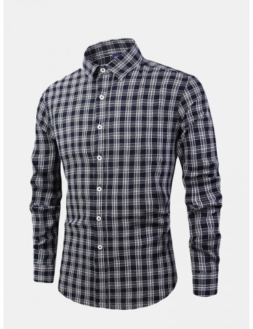 Mens Casual Business Plaid Single Breasted Long Sleeve Washed Shirt