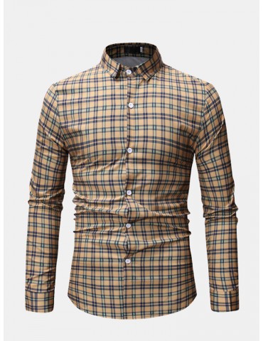 Casual Plaid Turn Down Collar Slim Fit Long Sleeve Shirt for Men