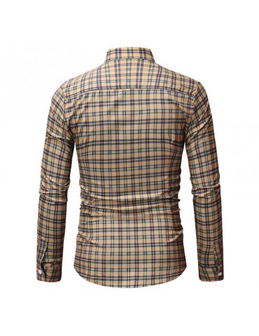 Casual Plaid Turn Down Collar Slim Fit Long Sleeve Shirt for Men