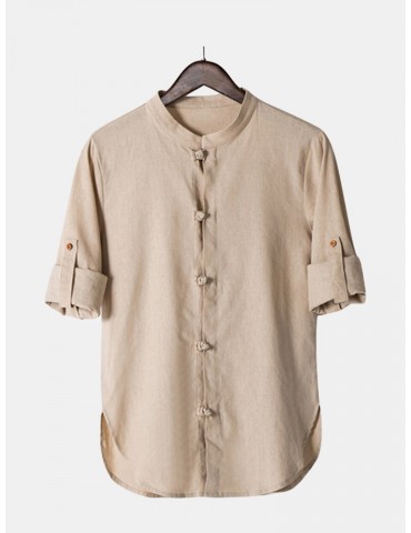 Stand Collar Foldable Sleeve Linen Loose Chinese Style Shirt for Men