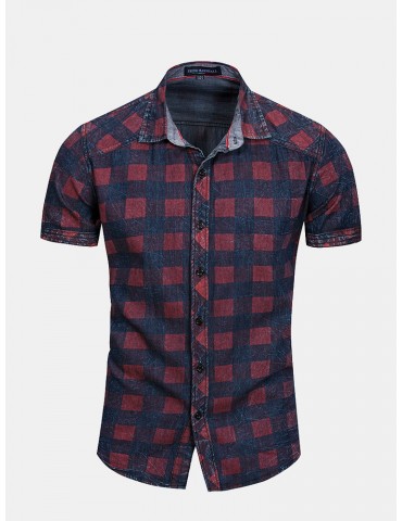 Mens Short Sleeve Patchwork Printing Summer Casual Cotton Shirt