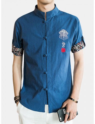 Stand Collar Ethnic Printing Chinese Button Short Sleeves Summer Designer Shirt for Men