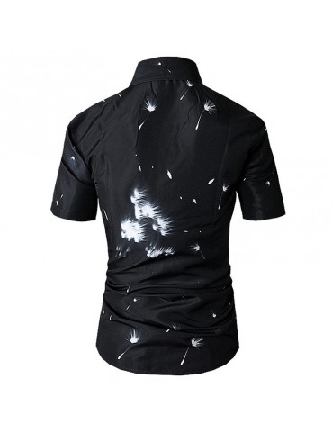 Men Casual Black Dandelion Printing Slim Fit Short Sleeve Shirt