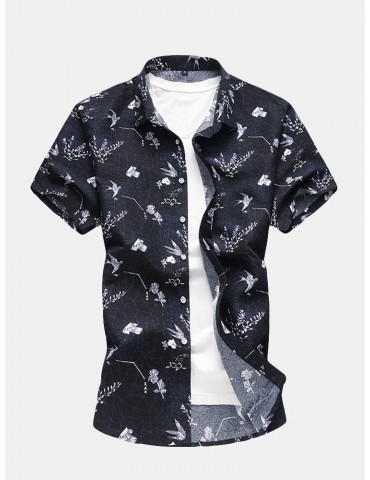 Mens Summer Loose Hawaiian Printing Shirt Short Sleeve Casual Cotton Beach Shirts