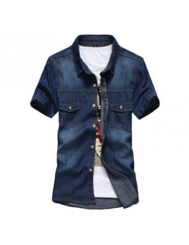 Summer Slim Chest Pocket Stylish Denim Cotton Short Sleeve Shirts for Men