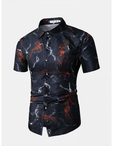 Men Black Casual Smoke Printing Slim Fit Short Sleeve Shirts