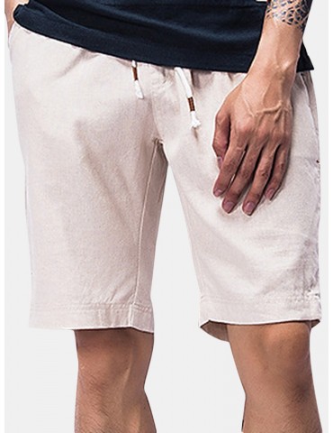 Mens Summer Cotton Linen Elastic Waist Drawstring Solid Color Knee Length Casual Beach Shorts