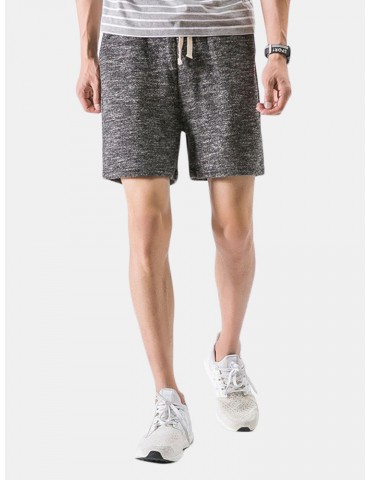 Mens Summer Breathable Solid Color Cotton Shorts Casual Drawstring Board Shorts Running Shorts