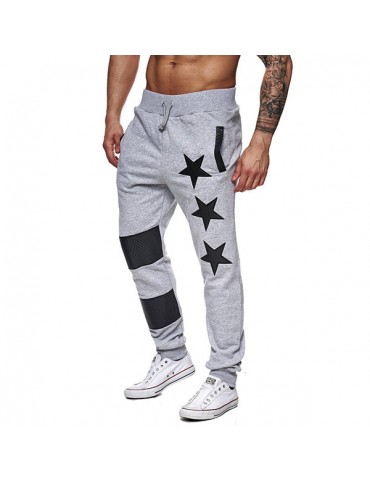 Mens Sport Pants Elastic Waist Drawstring Stars Pattern Casual Sportwear