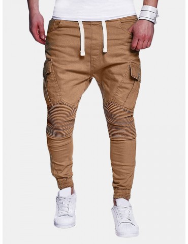 Mens Multi-pocket Cargo Pants Elastic Waist Solid Color Slim Fit Casual Trousers