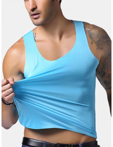 Mens Ice Silk Non-trace Breathable Perspiration Elastic Solid Color Fitness Slim Fit Sport Tank Tops