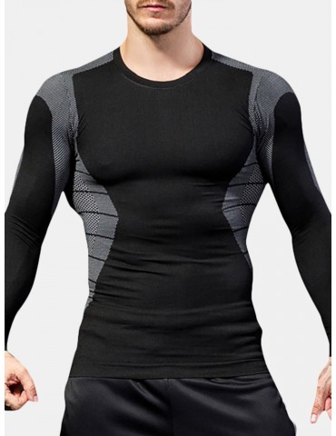 Mens Traning Elastic Quick-drying Breathable Sports Fitness Tights Long Sleeve T Shirt