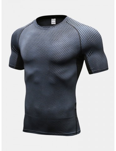 Mens PRO Quick-drying Elastic 3D Printed Short Sleeve Skinny Fit Fitness Sport T-shirts