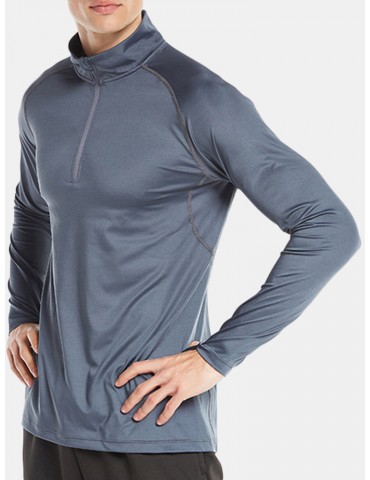 Mens Half Zip Quick-drying Skinny Tops Breathable Sports Fitness Tights Long Sleeve T Shirt