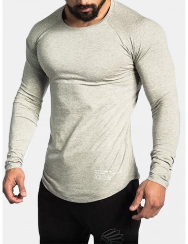 Mens Sport Cotton Breathable Tops Solid Color O-neck Long Sleeve Casual T shirt