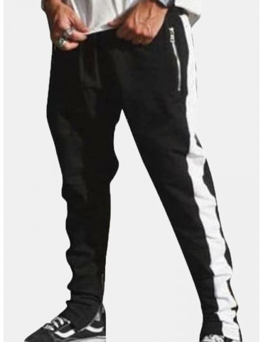 Mens Zipper Decorative Elastic Waist Stitching Color Slim Fit Casual Jogger Pants