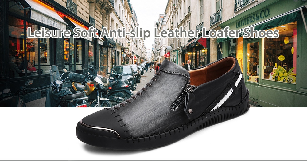 Leisure Anti-slip Soft Leather Loafer Shoes for Men- Black 40