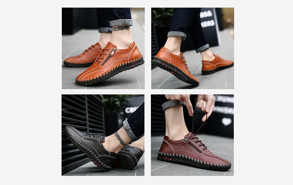 Men's Leather Hand Stitching Casual Shoes Breathable England Style Outdoor- Black EU 48