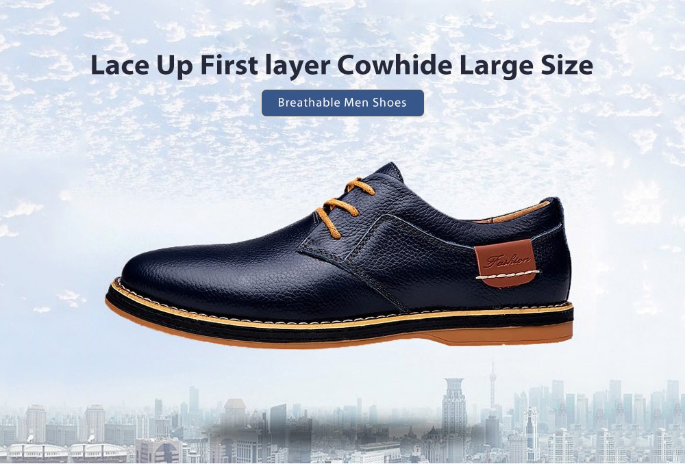 Lace Up First layer Cowhide Large Size Breathable Men Shoes- Denim Dark Blue EU 43