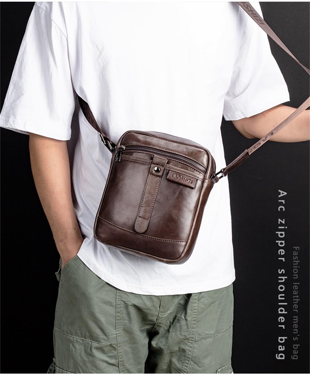 LAOSHIZILUOSEN Top Layer Leather Crossbody IPad Bag Men'S Fashion Trend Bag- Coffee