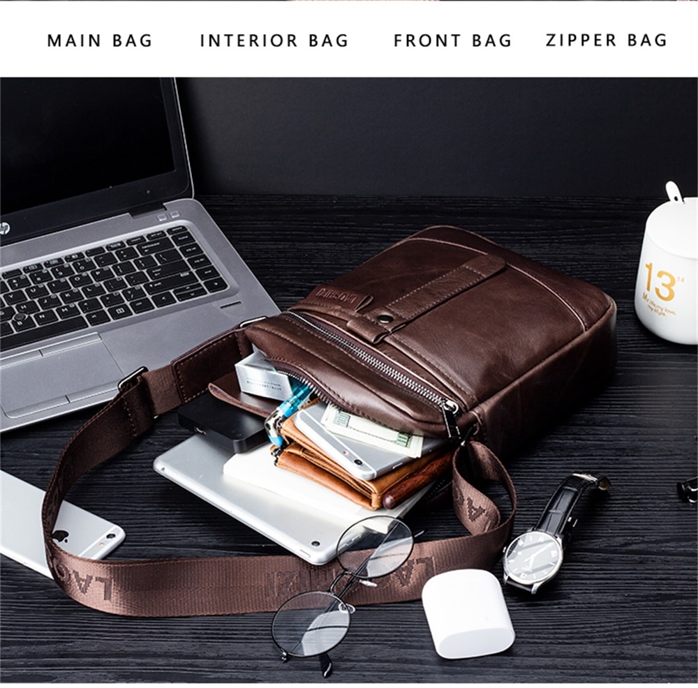 LAOSHIZILUOSEN Top Layer Leather Crossbody IPad Bag Men'S Fashion Trend Bag- Coffee