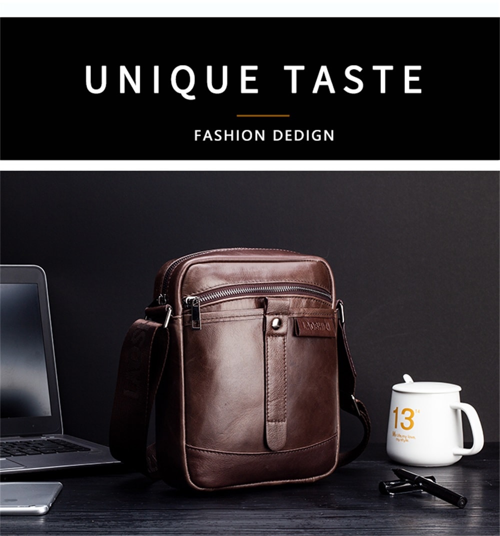 LAOSHIZILUOSEN Top Layer Leather Crossbody IPad Bag Men'S Fashion Trend Bag- Coffee