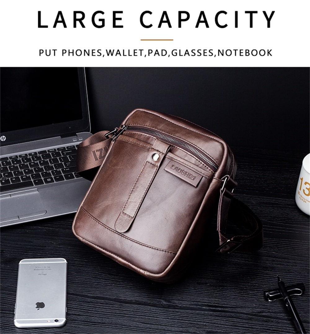 LAOSHIZILUOSEN Top Layer Leather Crossbody IPad Bag Men'S Fashion Trend Bag- Coffee