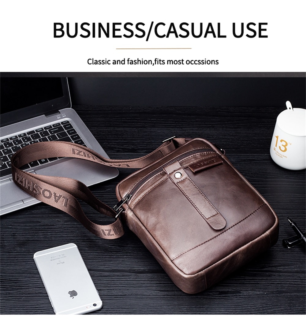 LAOSHIZILUOSEN Top Layer Leather Crossbody IPad Bag Men'S Fashion Trend Bag- Coffee