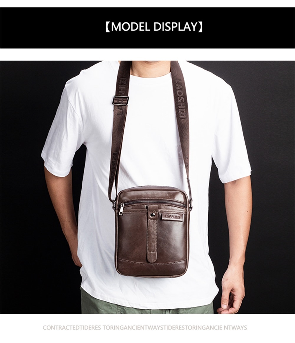 LAOSHIZILUOSEN Top Layer Leather Crossbody IPad Bag Men'S Fashion Trend Bag- Coffee