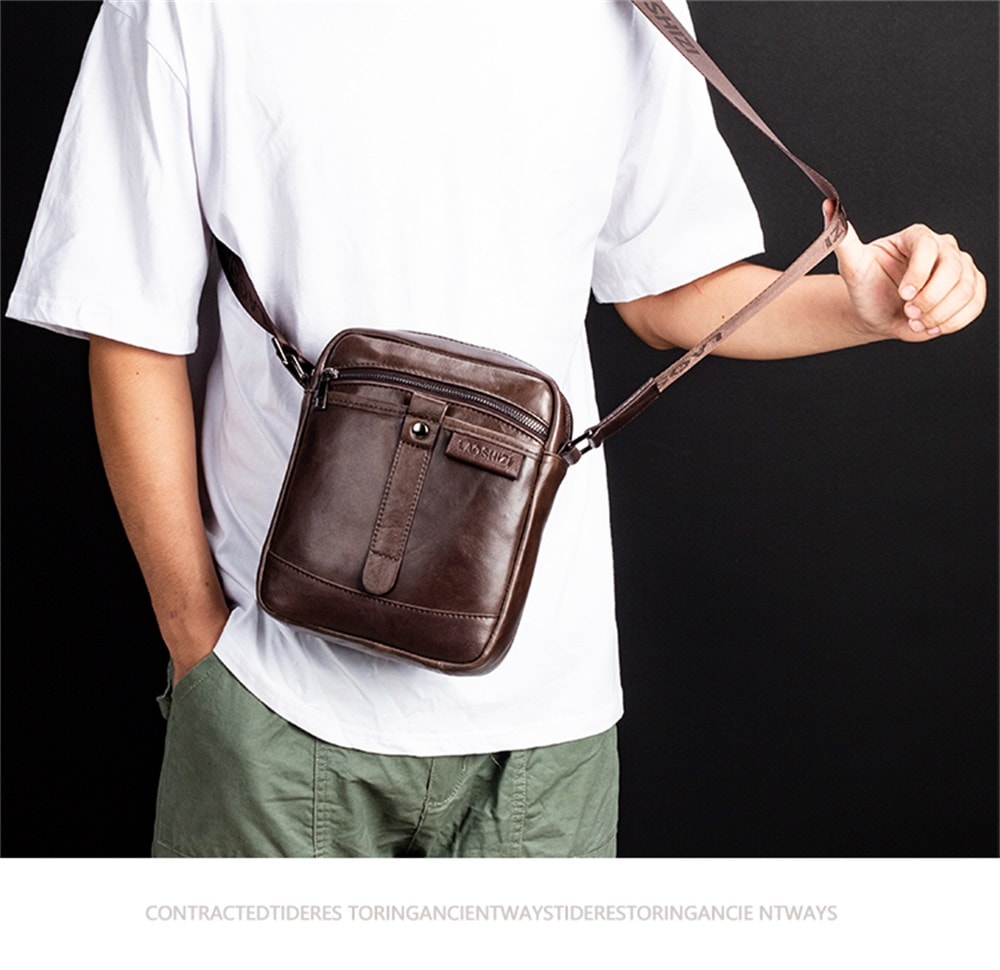 LAOSHIZILUOSEN Top Layer Leather Crossbody IPad Bag Men'S Fashion Trend Bag- Coffee