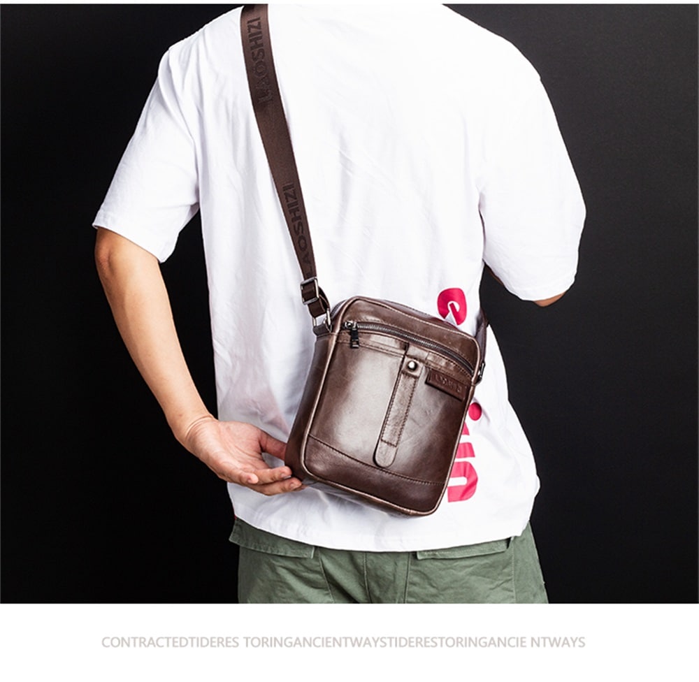 LAOSHIZILUOSEN Top Layer Leather Crossbody IPad Bag Men'S Fashion Trend Bag- Coffee