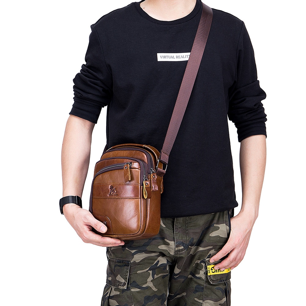 LAOSHIZI Layer of Real Leather Men's Small Bag Fashion One Shoulder Men's- Black