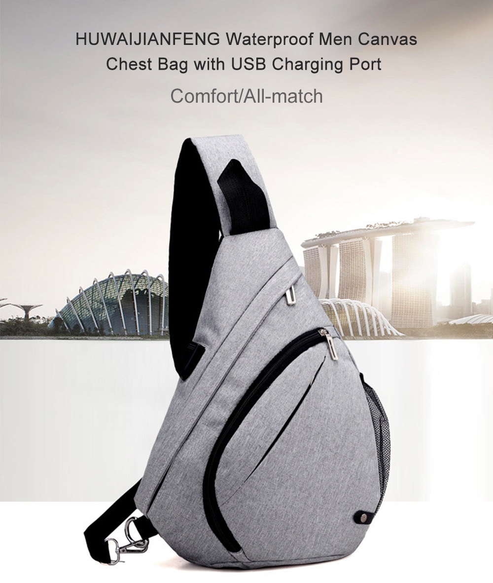 HUWAIJIANFENG Waterproof Men Canvas Chest Bag with USB Charging Port- Gray Goose