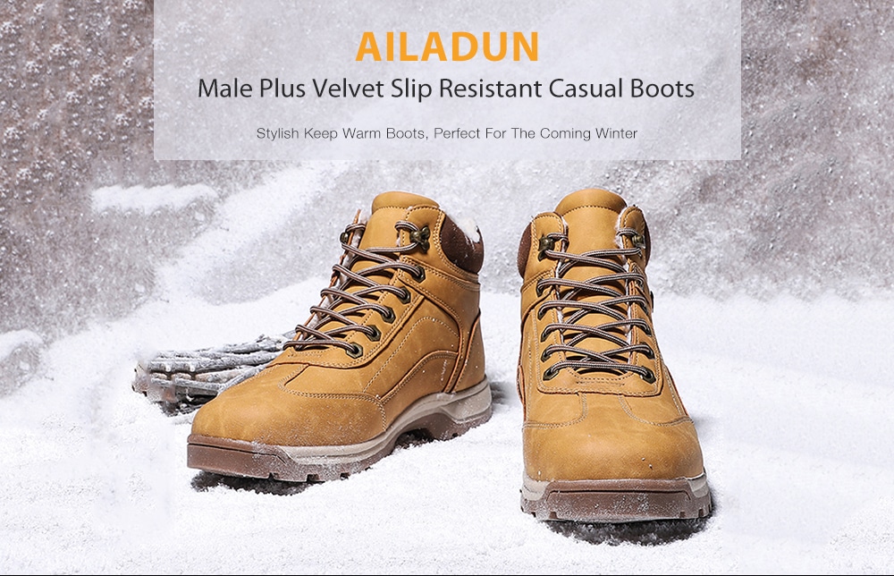 AILADUN Male Plus Velvet Slip Resistant Casual Boots Outdoor Sports Shoes Striped Laces- Yellow EU 43