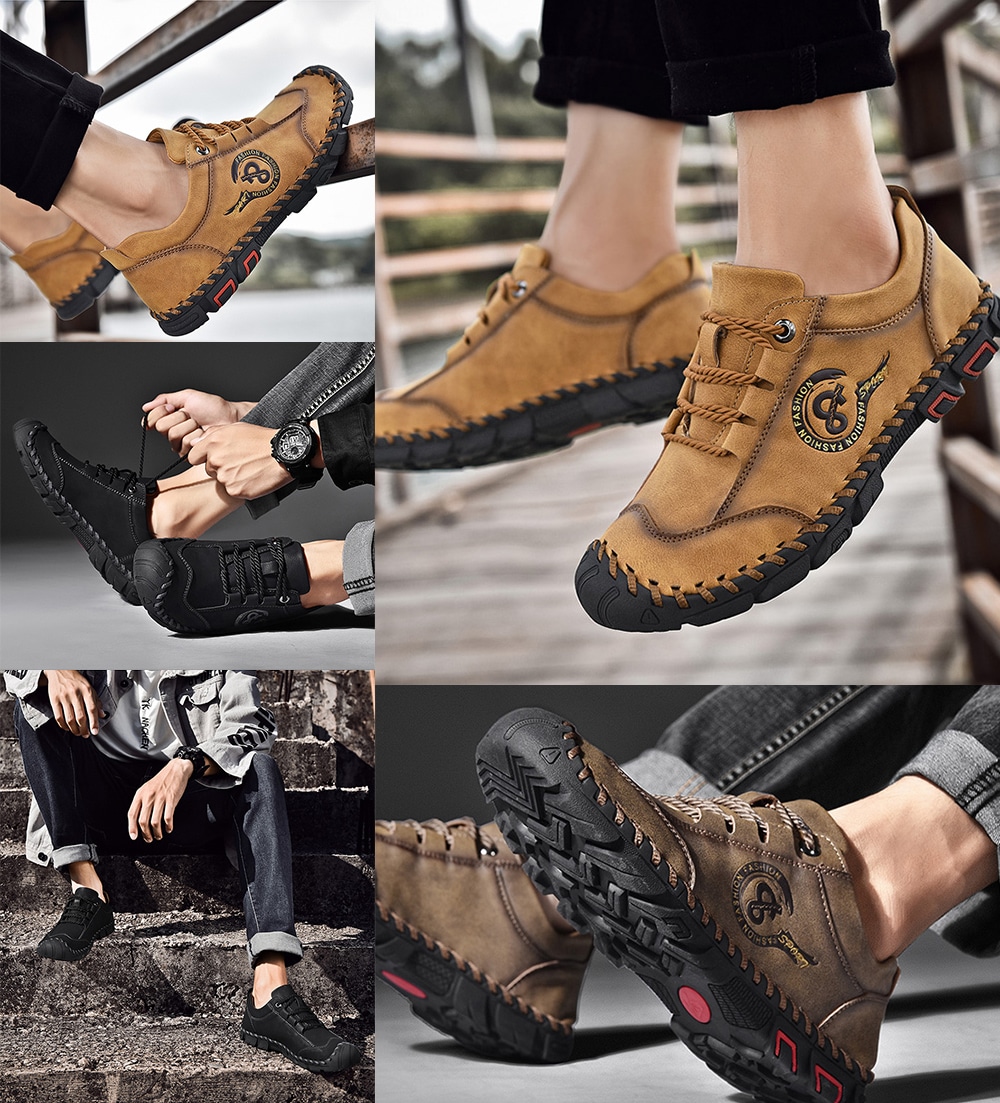 Men's Hand Stitching Lace-up Casual Shoes Anti-collision Toe Outdoor Mountaineering- Black EU 41